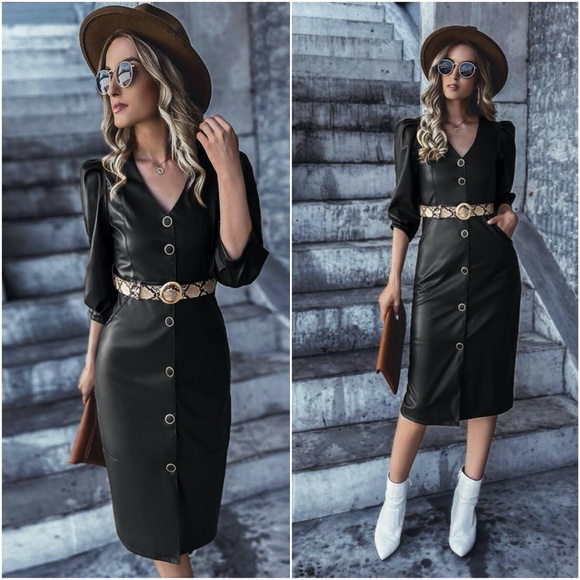 wine  vneck vegan leather belt short sleeve dress - Picture 3 of 6